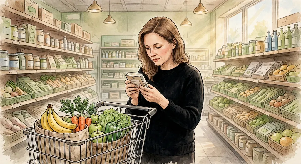 Illustration of a mom reading an ingredient label in a grocery store