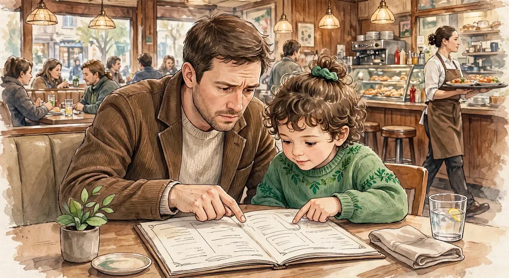 Illustration of a dad and child checking a restaurant menu together